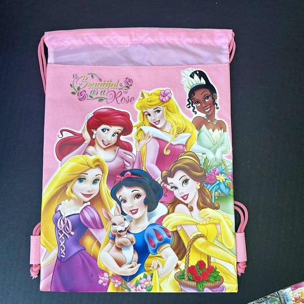 New Disney Princess Hot Pink Drawstring Bag With Coloring Book
